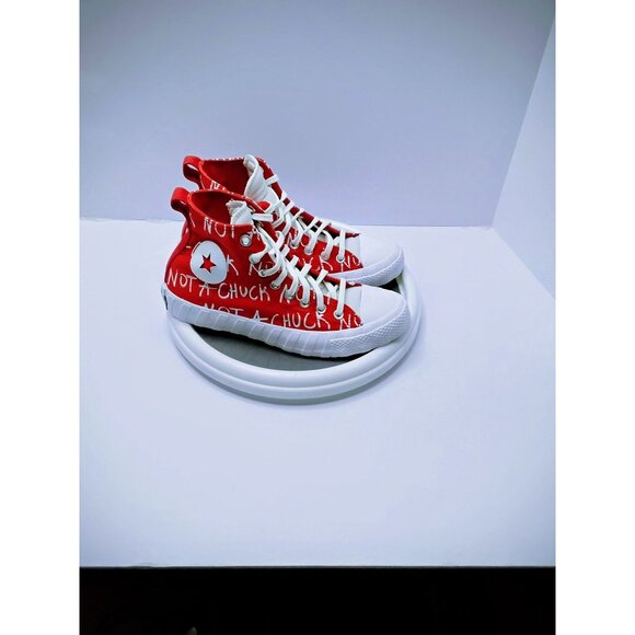 Converse Kids Red & White High Top Sneakers "Not A Chuck" Text Design Size 7 - Picture 4 of 8